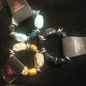 3X! PAPARAZZI Large black, blue & peach silver beaded slip on stretch bracelets